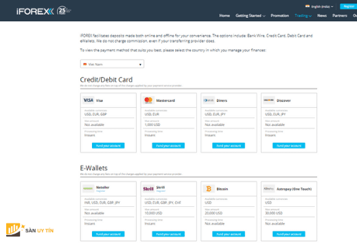 IForex cung cấp nhiều cổng nạp rút tiền trực tuyến, ngoại tuyến