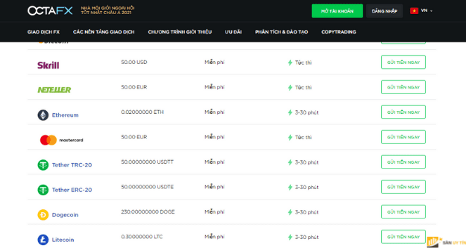 Nạp rút tiền tại sàn OctaFX vô cùng nhanh chóng