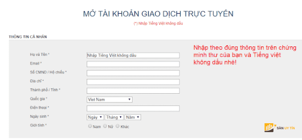 Điền thông tin cá nhân của trader