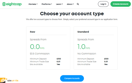 Sàn EightCap đang cung cấp 2 loại tài khoản Live