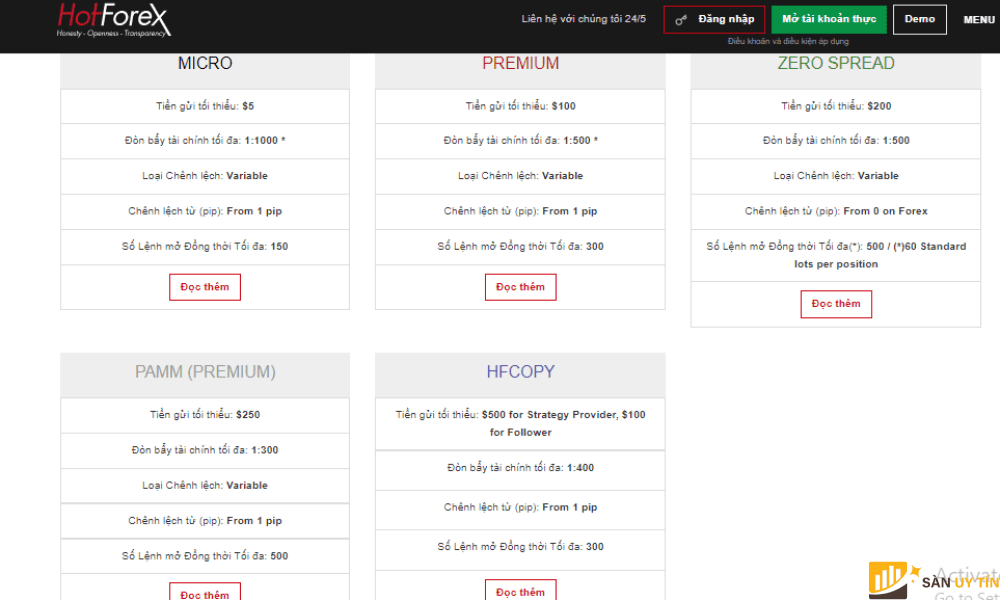 Sàn HF Markets cung cấp rất nhiều loại tài khoản thích hợp mọi trader