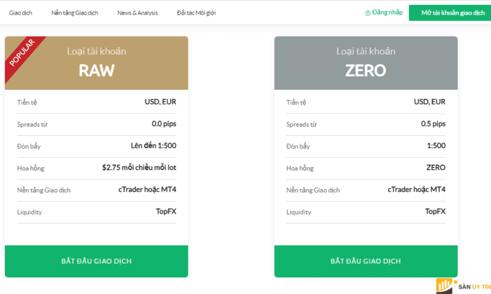 Sàn TopFX đang cung cấp cho nhà giao dịch 2 loại tài khoản Live