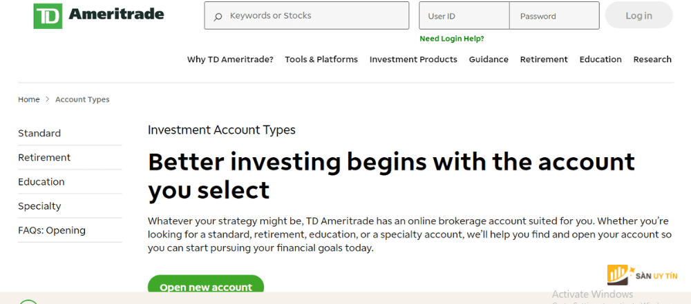 TD Ameritrade cung cap 6 loai tai khoan danh cho nha dau tu