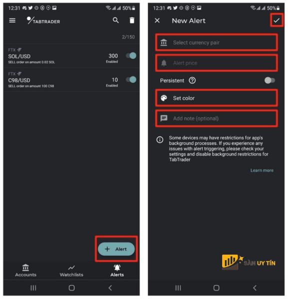 Giao dien Alerts tren ung dung TabTrader