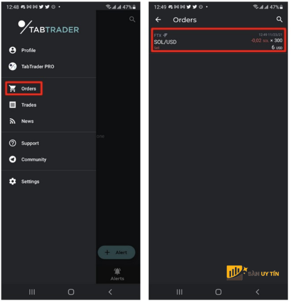 Giao dien Orders tren ung dung TabTrader